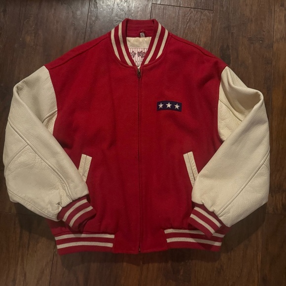 VTG 80s Red Varsity Jacket  EAST WEST by Panda Group Wool Blend LeatherSz Medium - Picture 2 of 6